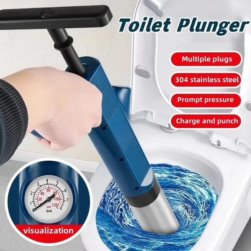 A hand is operating a blue and black toilet plunger with a stainless steel shaft, demonstrating its multiple plugs and pressu