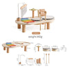 A wooden sensory toy set featuring a rain rattle and various wooden components for babies.