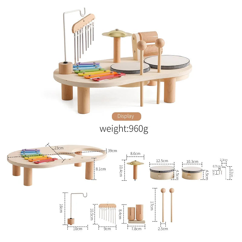 A wooden sensory toy set featuring a rain rattle and various wooden components for babies.