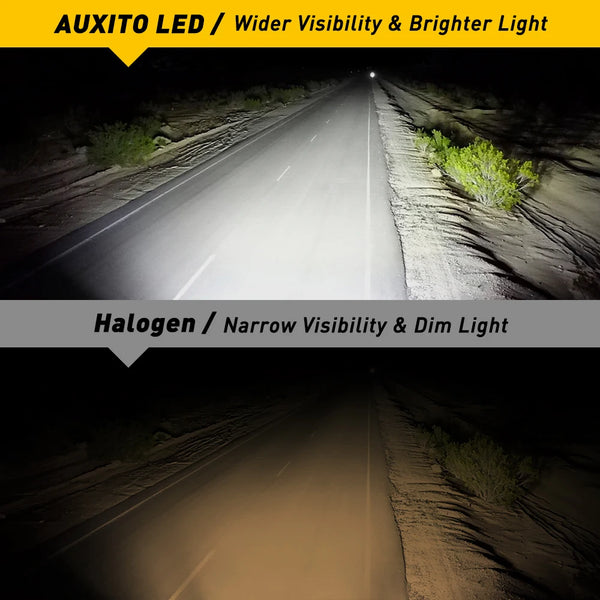 Comparison of an Auxito LED headlight providing wider visibility and brighter light versus a Halogen offering narrow visibili