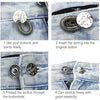 Step-by-step instructions showing how to insert and thread adjustable metal buttons into denim fabric.