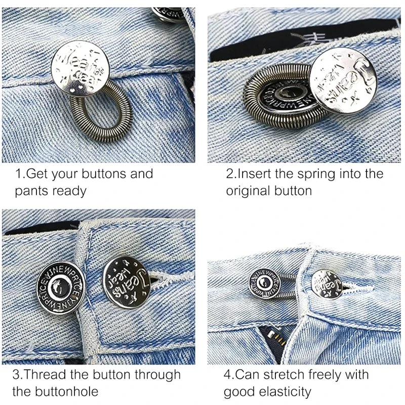 Step-by-step instructions showing how to insert and thread adjustable metal buttons into denim fabric.