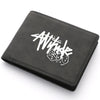 A black PU leather wallet with white stylized text and a coin pocket is shown from above.
