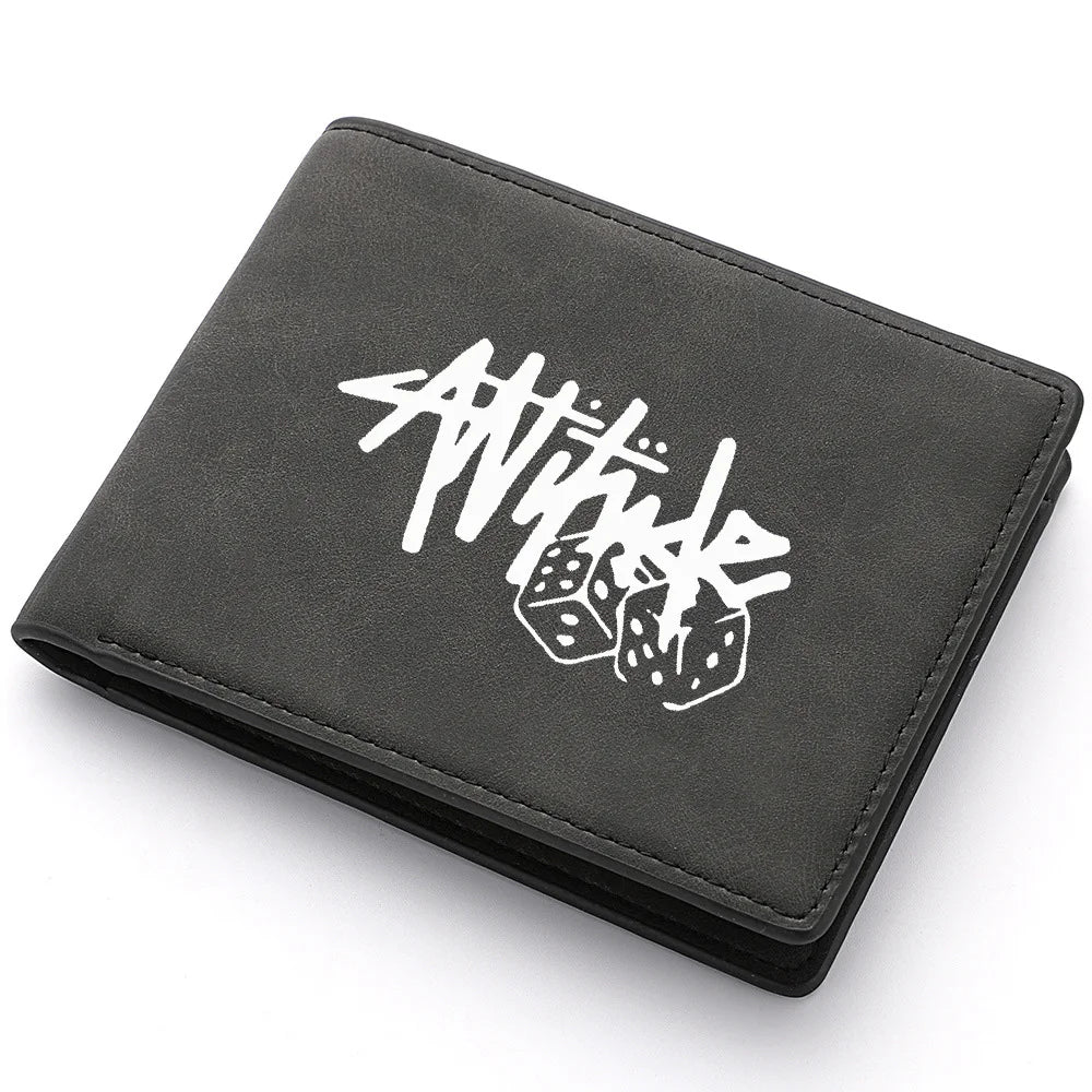 A black PU leather wallet with white stylized text and a coin pocket is shown from above.