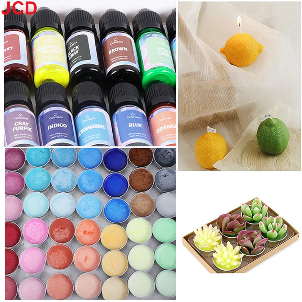 A collection of 18 concentrated liquid candle dyes in various colors, including yellow, green, and purple shades.