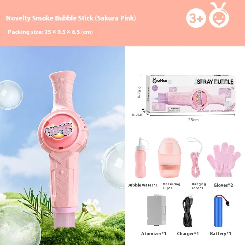 Pink smoke bubble stick with a light, measuring cup, and accessories for making bubbles.