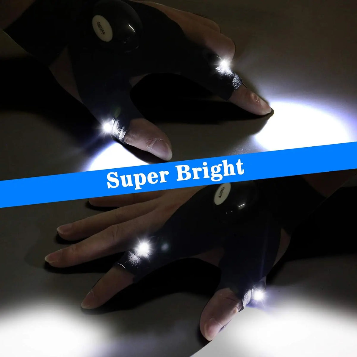 A hand wearing waterproof LED half-finger gloves illuminates a surface with bright light.