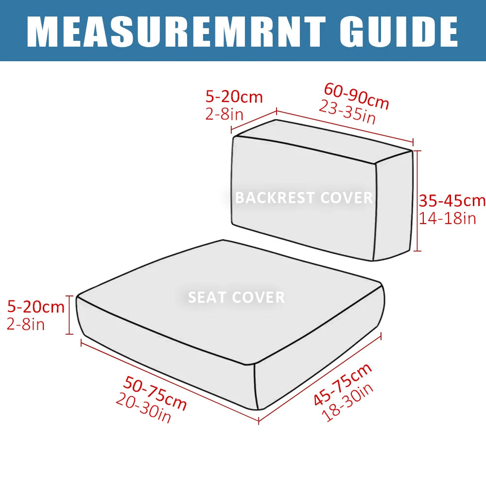 Diagram showing the dimensions of a backrest cover and a seat cover for a patio sofa.