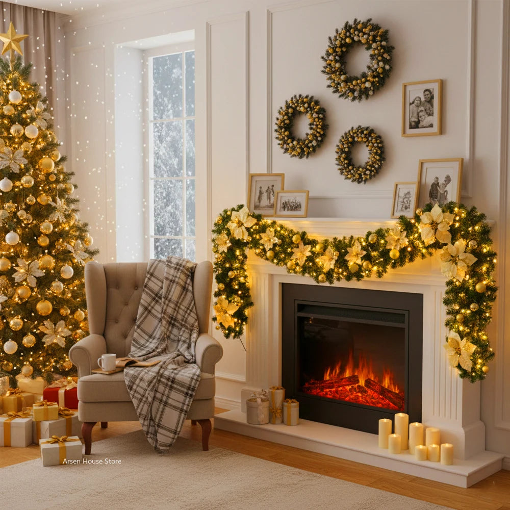 A festive holiday display featuring a golden LED rattan wreath garland decorating a white fireplace mantel and Christmas tree