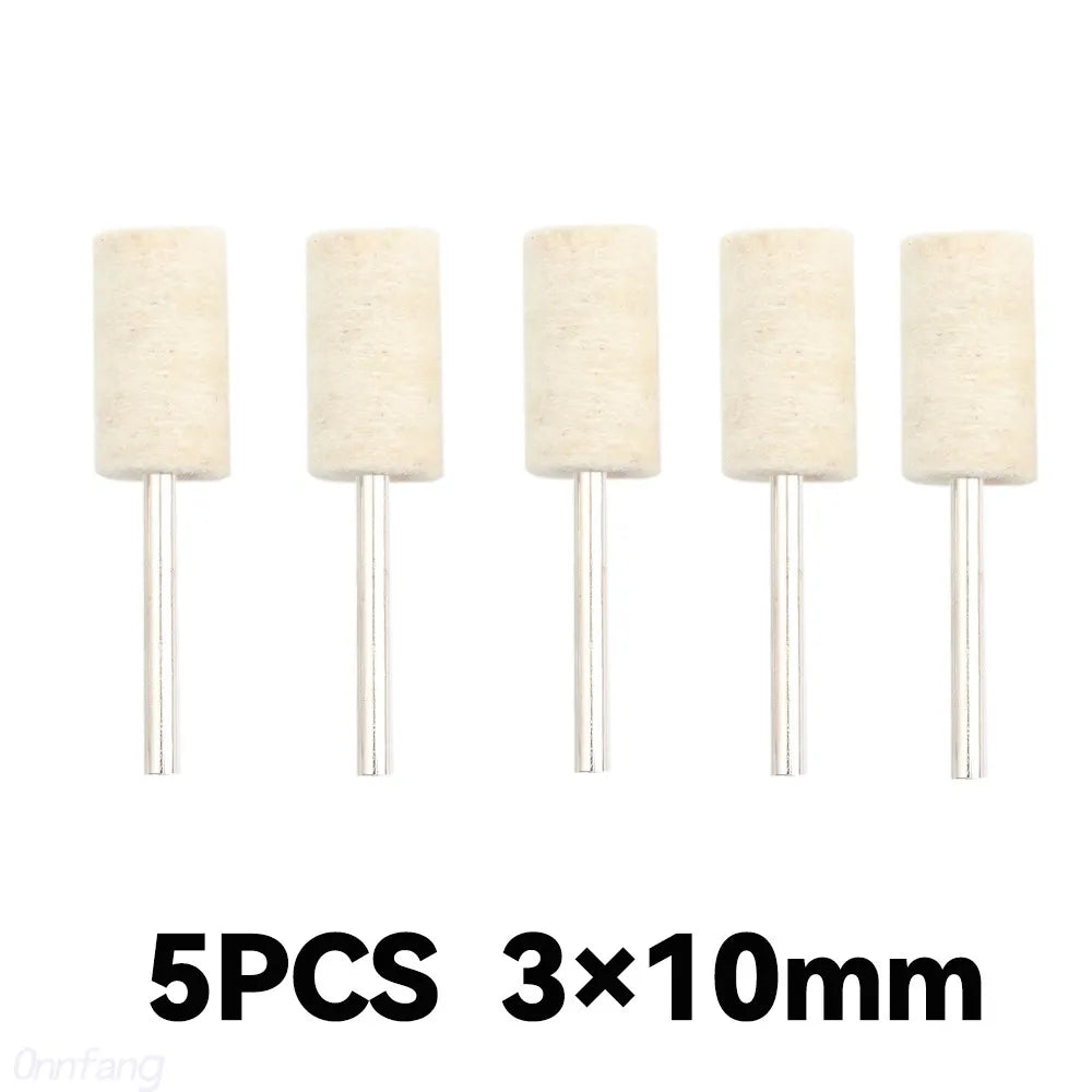 Five cylindrical wool felt polishing wheels with 3x10mm metal shanks.