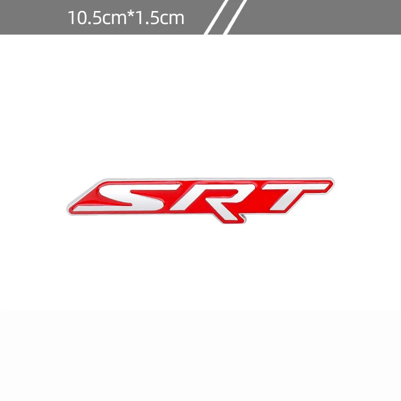 Red metal sticker accent emblem with the letters SRT on a white background