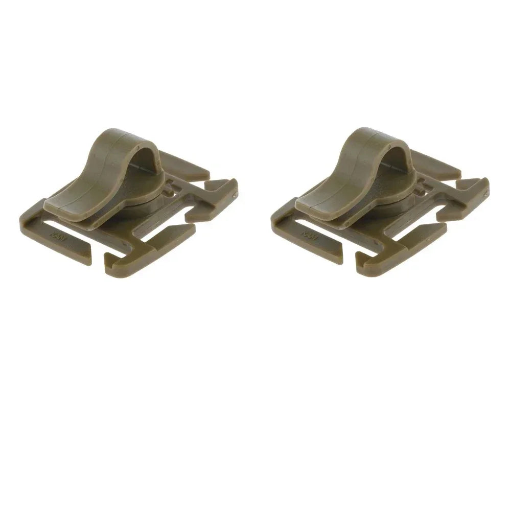 A pair of olive green rotatable hydration tube clips designed for securing tubes to backpacks.