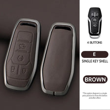 A dark brown leather car key case cover with a silver finish and four buttons shown next to the product.
