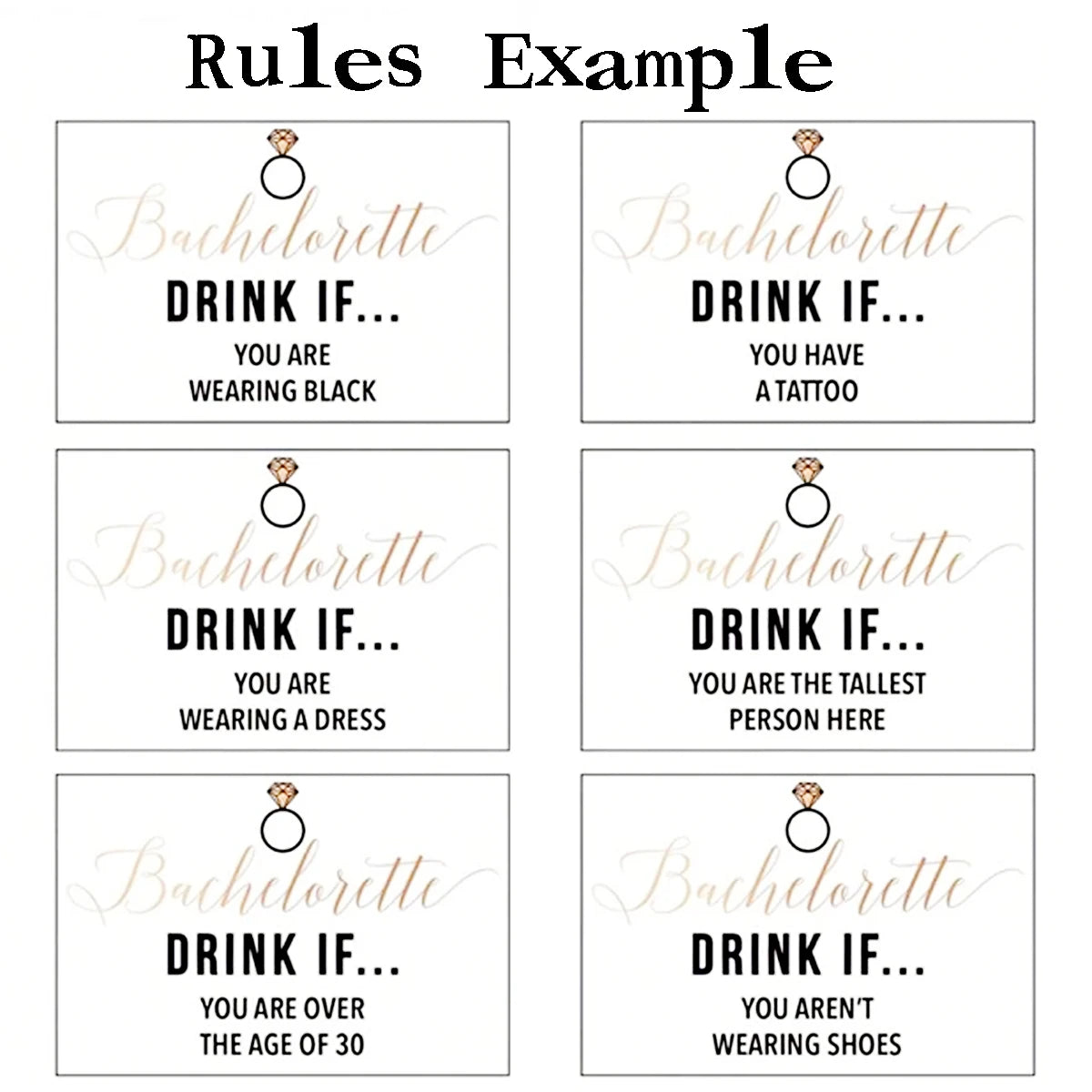 Example cards for a bachelorette party drinking game showing rules like drinking if you are wearing a dress or have a tattoo