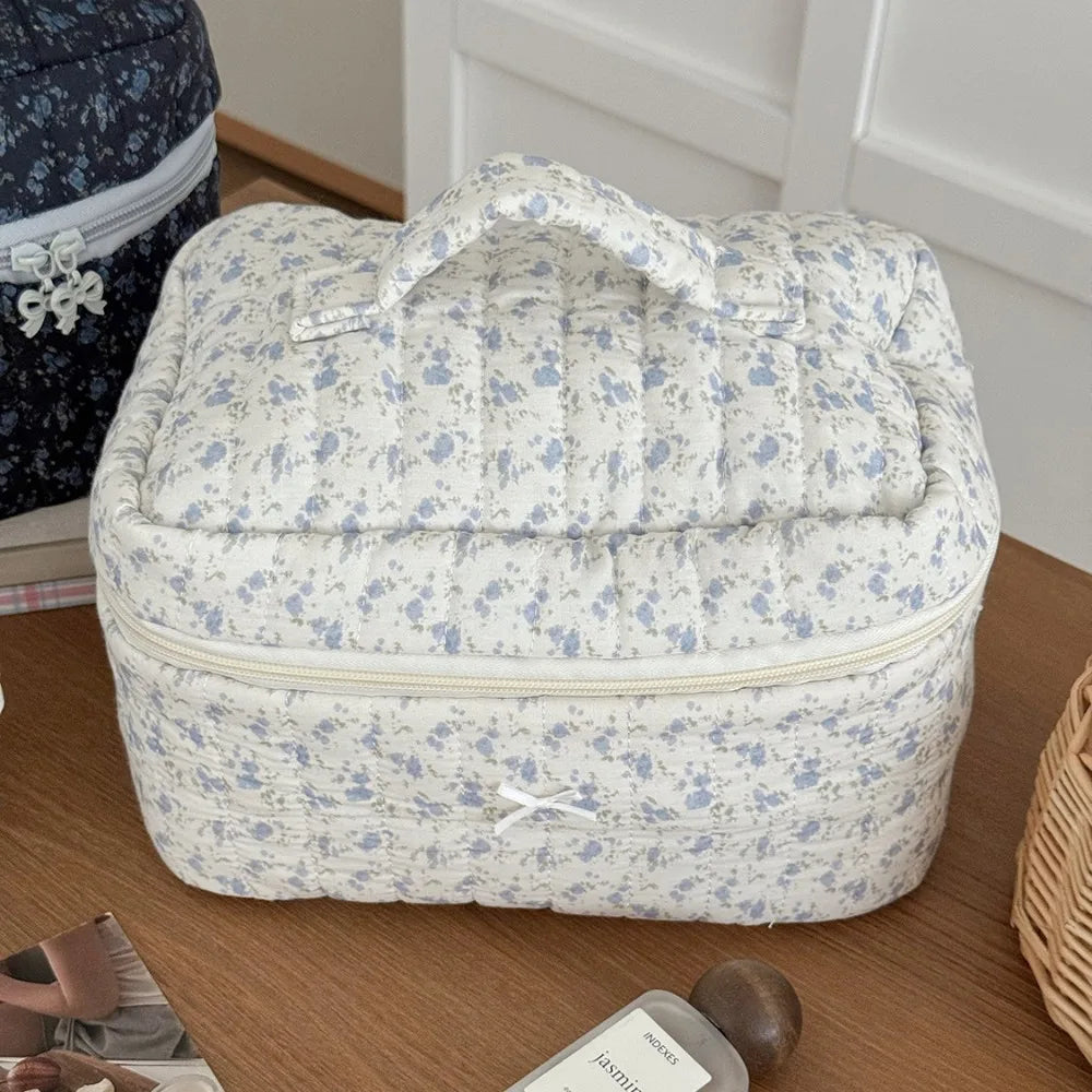 Pink Bow Plaid Quilted Cosmetic Bag with Multiple Compartments