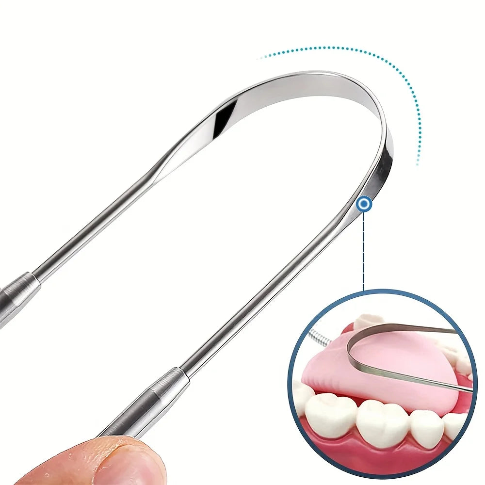 A stainless steel tongue scraper is shown being used to clean the tongue of a person.