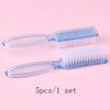 A set of five clear plastic nail art brushes with long handles displayed on a pink background.
