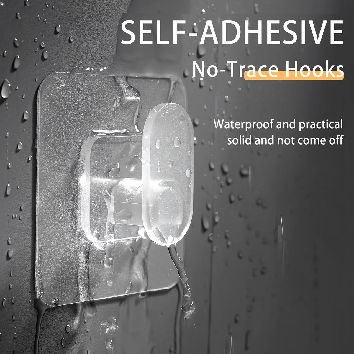 Close-up of a clear self-adhesive hook being applied to a dark surface with water droplets, demonstrating its waterproof and 