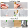Installation steps showing how to peel, put, and tighten extra-large strong adhesive hooks on various surfaces like marble, m