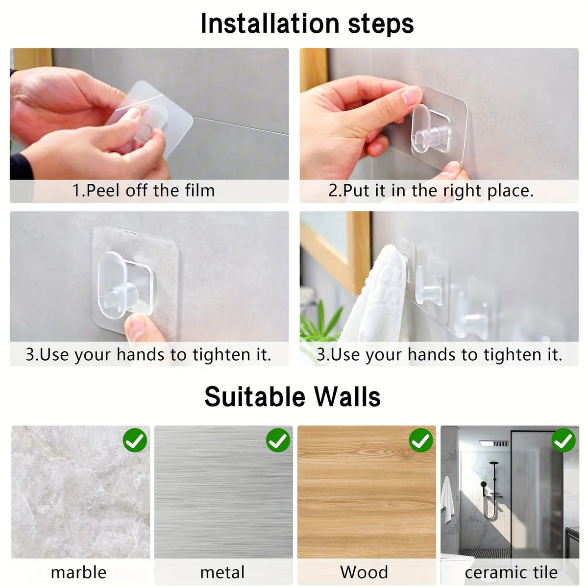 Installation steps showing how to peel, put, and tighten extra-large strong adhesive hooks on various surfaces like marble, m