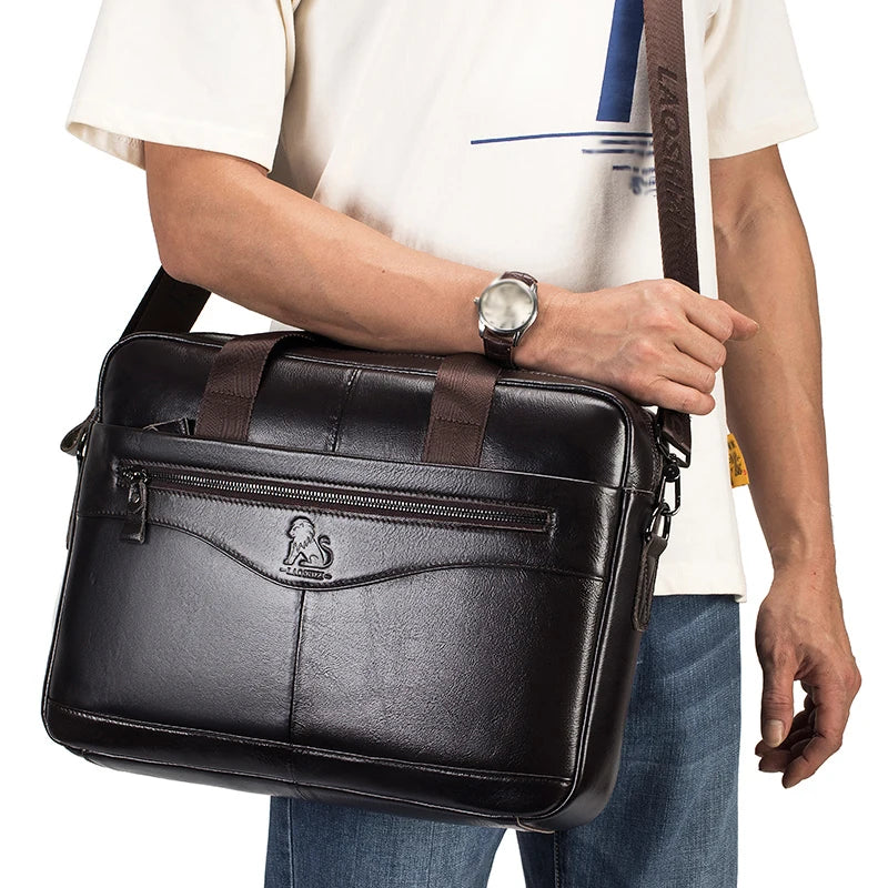 Genuine Leather Laptop Briefcase for Men – 14" Retro Cowhide Bag