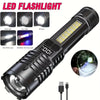 A black LED flashlight with a digital display and multiple light modes, including high, low, and flashing lights.