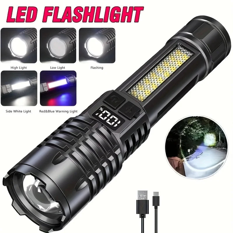 A black LED flashlight with a digital display and multiple light modes, including high, low, and flashing lights.
