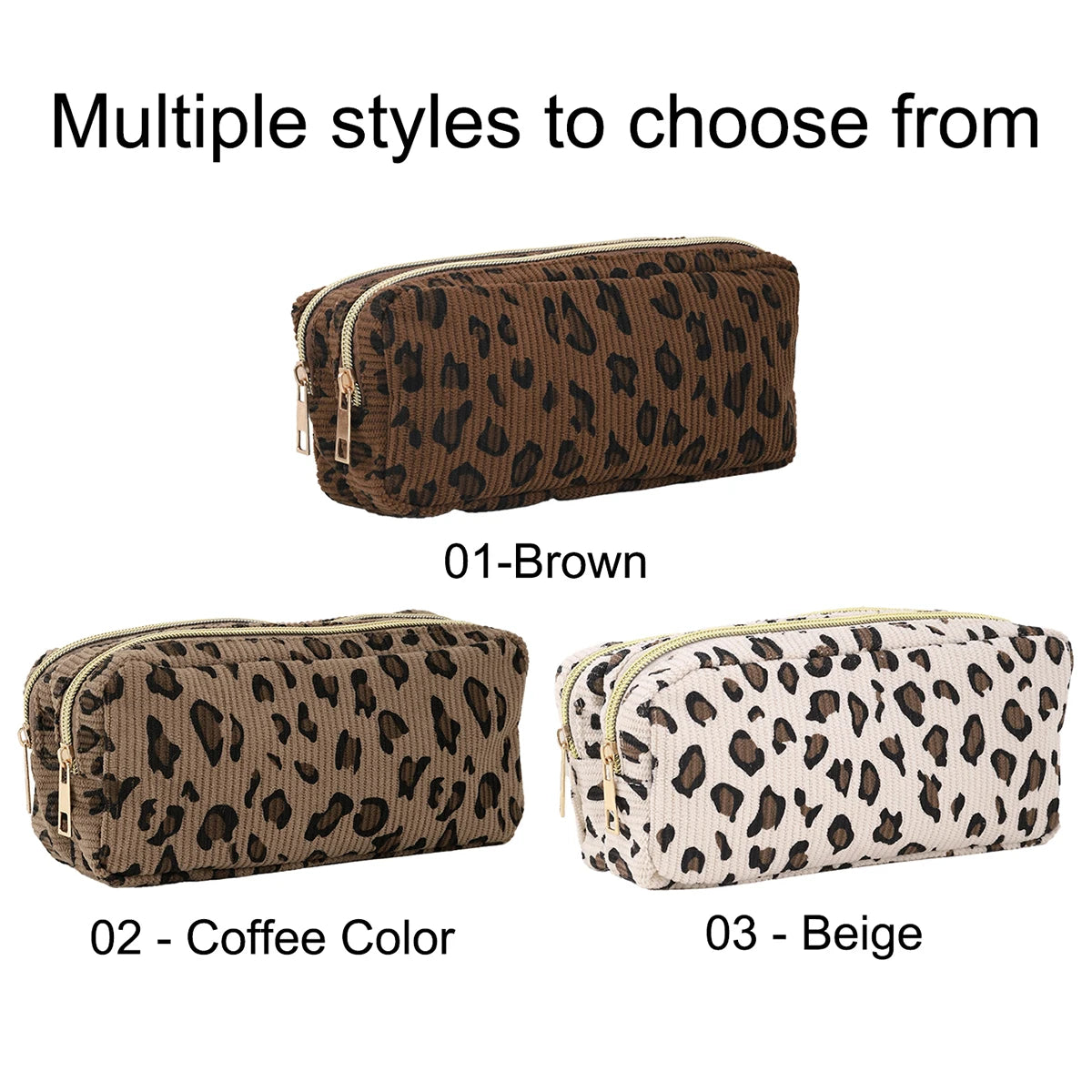 Three leopard print double-zip pencil cases in brown, coffee color, and beige.
