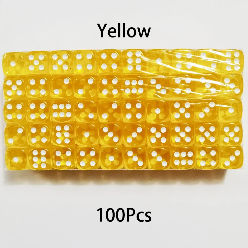 A yellow bulk pack of 100 multicolor acrylic D6 dice for games and crafts.
