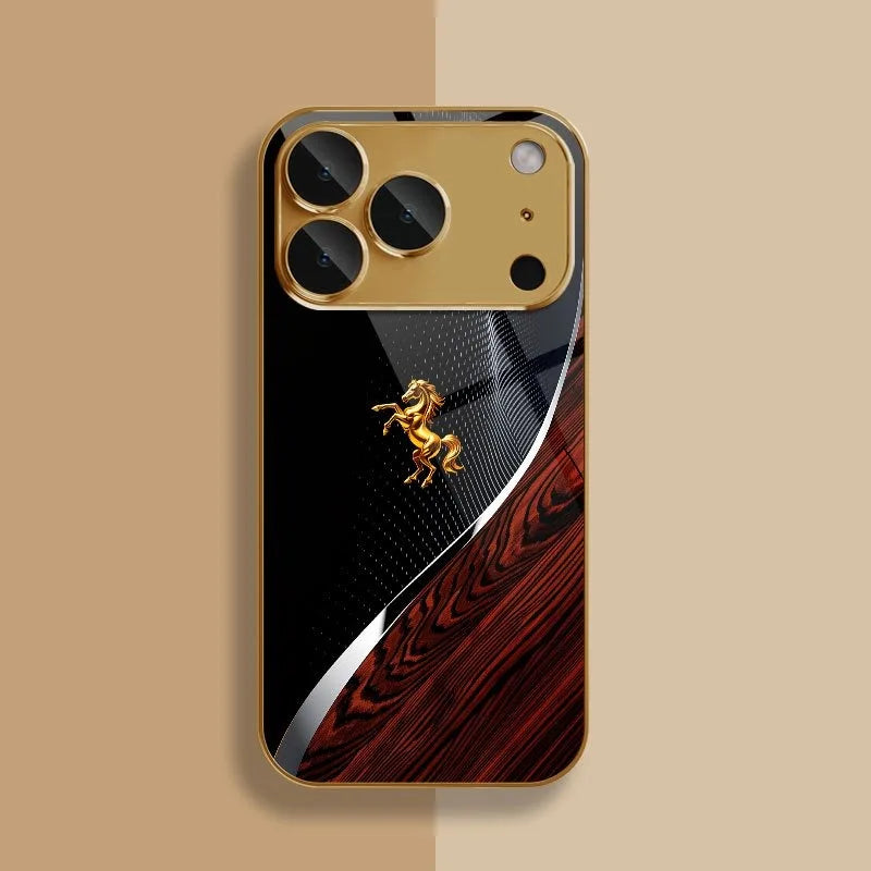 A golden horse art glass phone case with a metallic gold finish displayed against a neutral background.