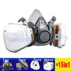 A half face respirator mask with anti-fog safety goggles and replacement filters shown in a package.