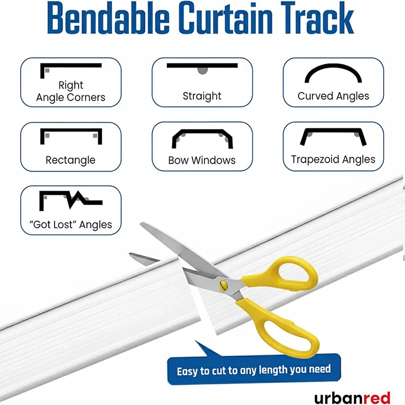 A set of bendable curtain track components including straight, curved, rectangle, and trapezoid angle pieces, with scissors s