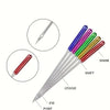 A multi-pack of anti-skip sewing machine needles shown with various colored shafts and points.