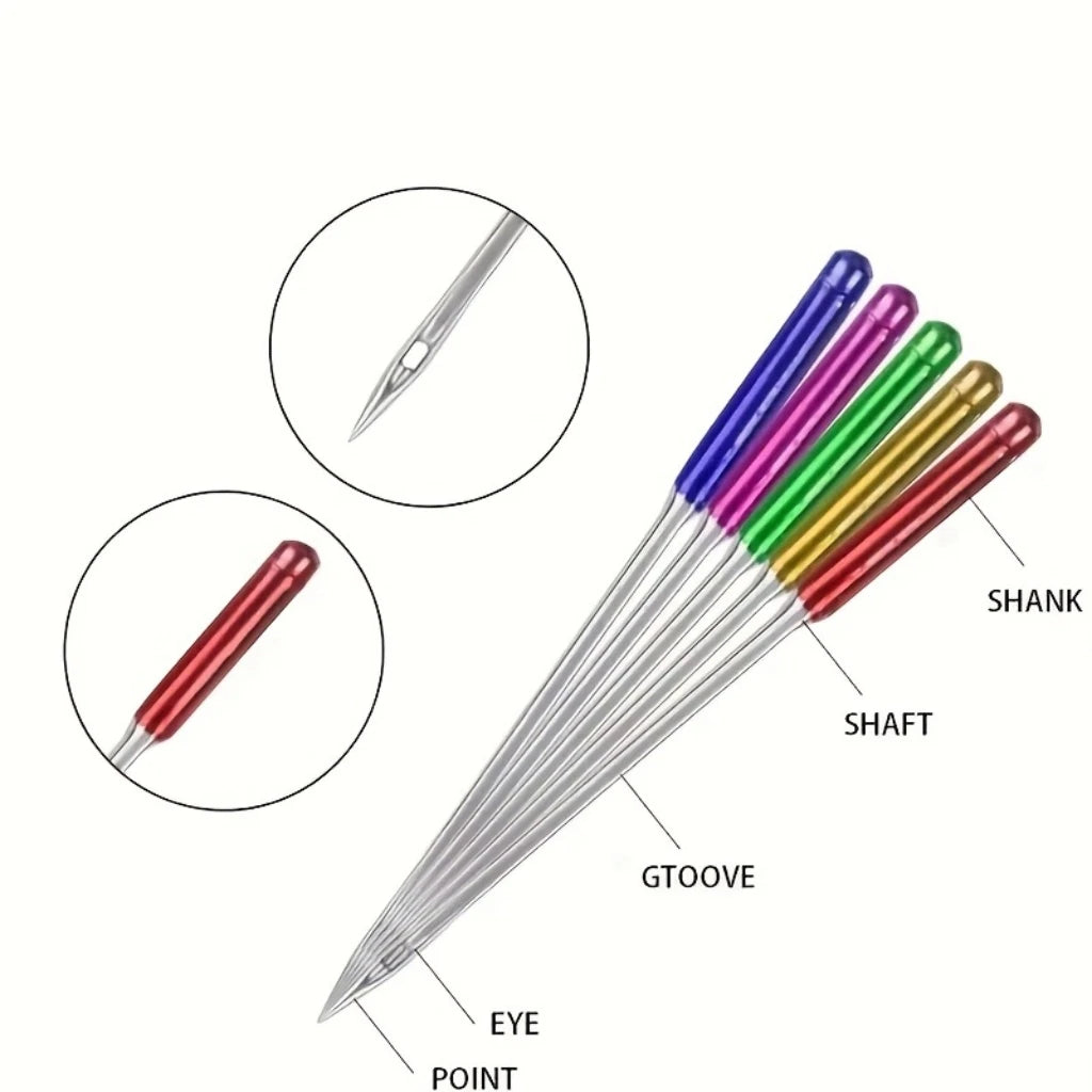 A multi-pack of anti-skip sewing machine needles shown with various colored shafts and points.