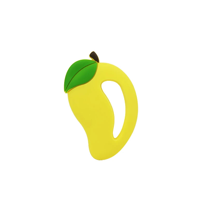 A yellow silicone fruit-shaped baby rattle teether with a green leaf top.