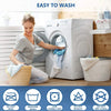 A woman is shown easily loading laundry into a white washing machine, with icons indicating features like easy wash and no ir