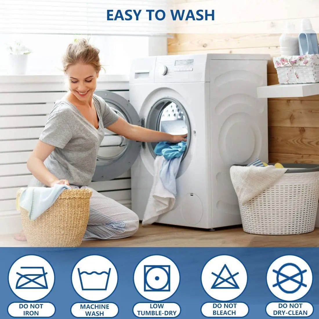 A woman is shown easily loading laundry into a white washing machine, with icons indicating features like easy wash and no ir