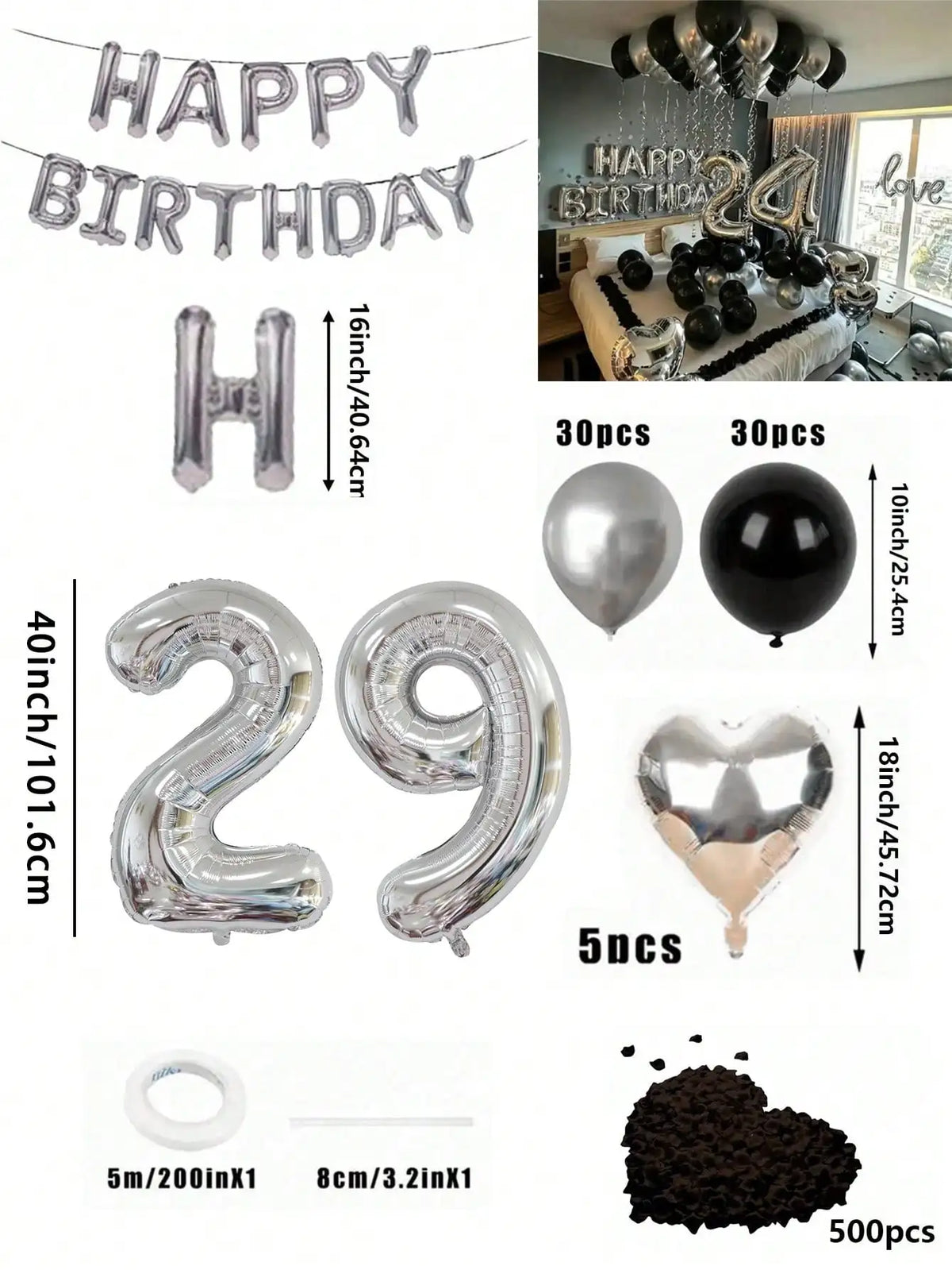 A kit for a happy birthday balloon garland featuring silver and black foil numbers and balloons.