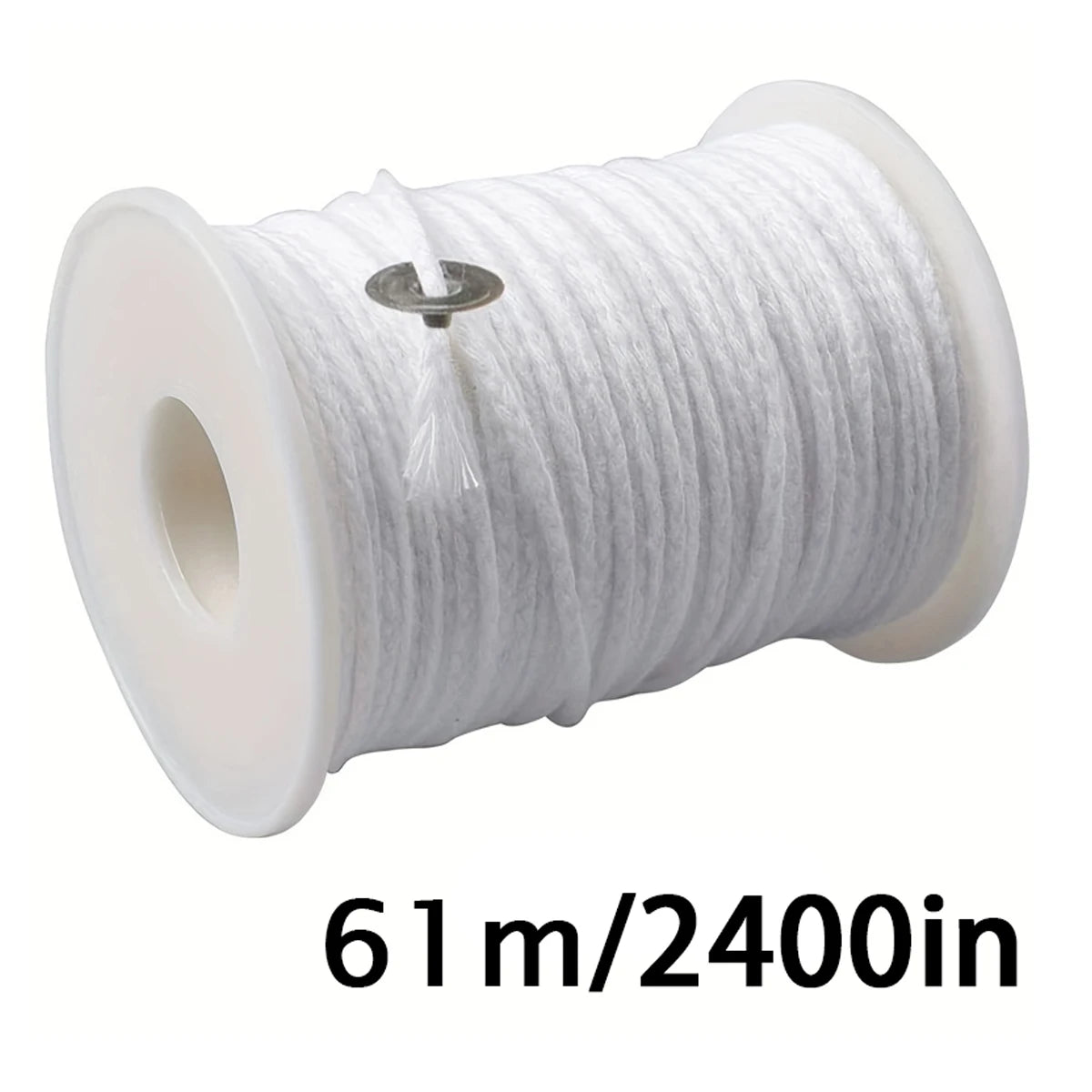 A spool of white natural cotton candle wicks with a metal stand, measuring 61 meters long.