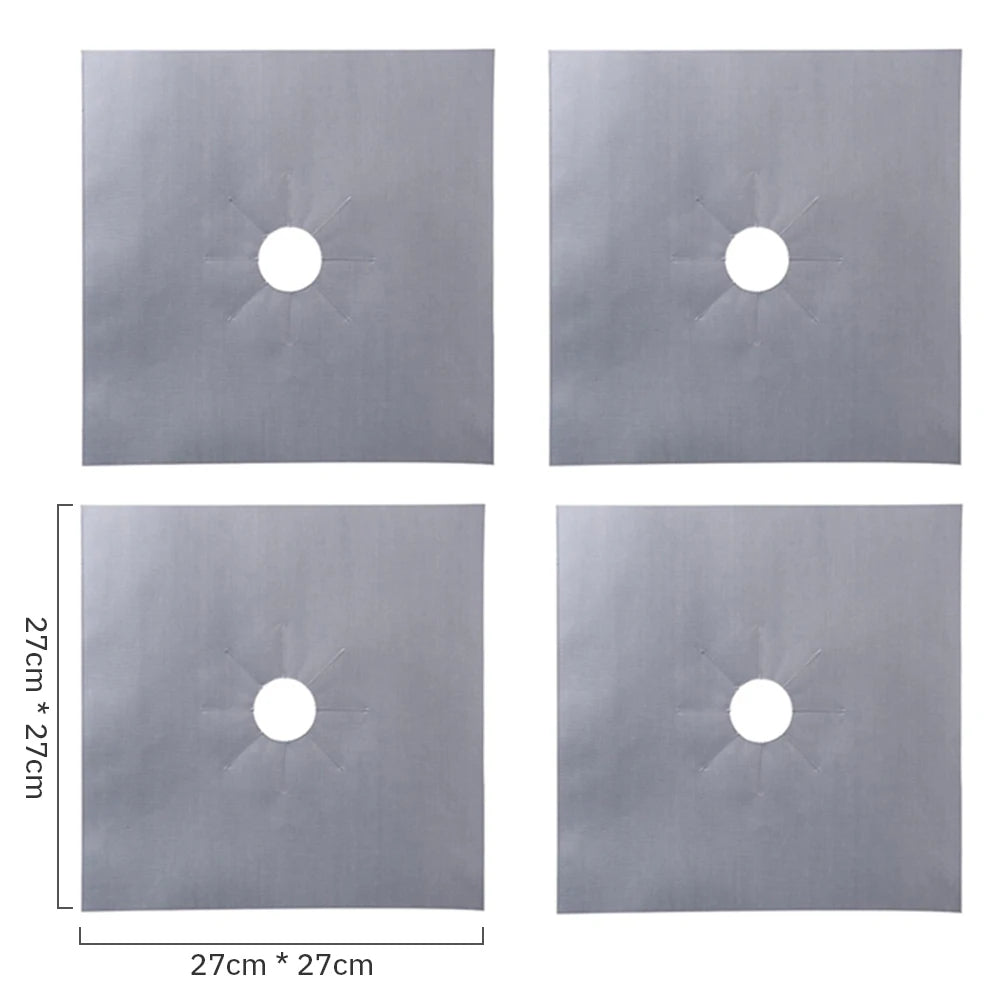 A square gray reusable non-stick gas stove protector mat with a central hole.
