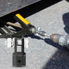 A chrome vanadium scissor jack adapter for drills and impact drivers is shown with a yellow handle and mounting bracket.