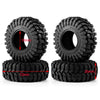 A set of black mud terrain wheels and tires for RC crawlers, showing the tire and wheel separately.