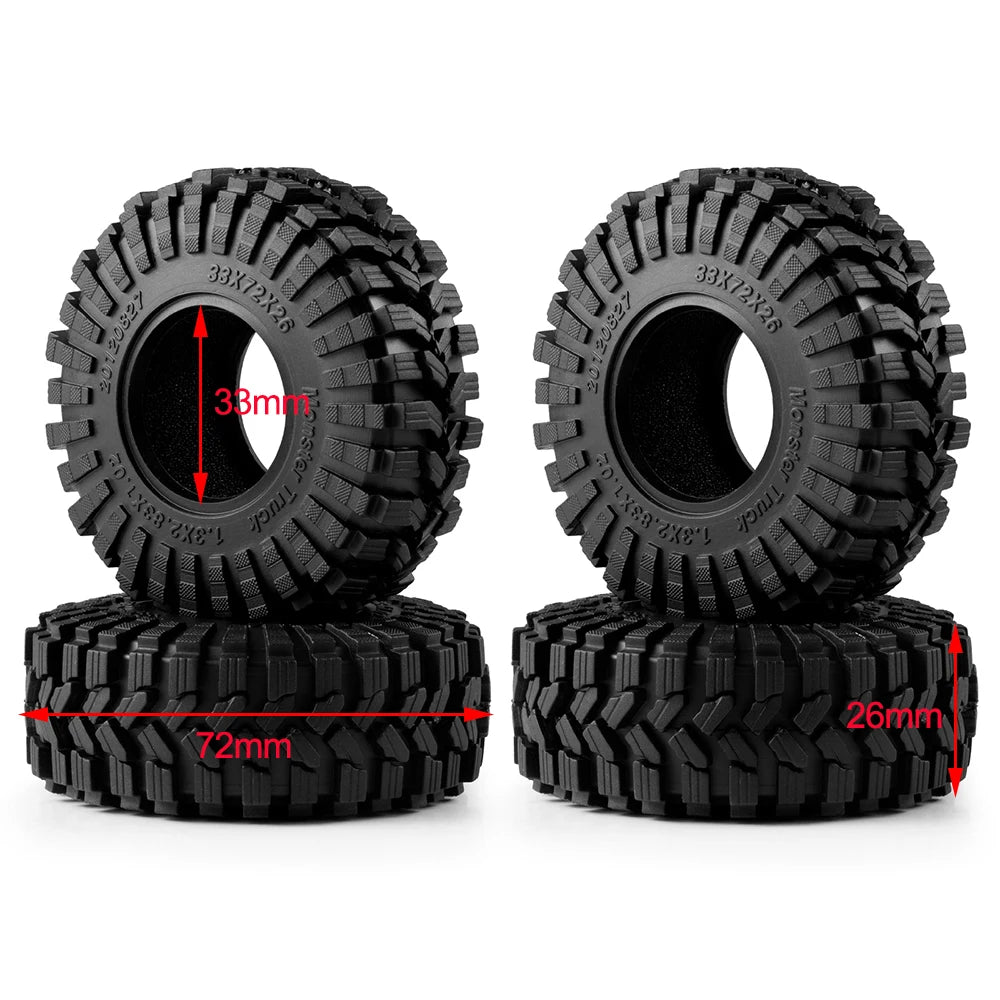 A set of black mud terrain wheels and tires for RC crawlers, showing the tire and wheel separately.