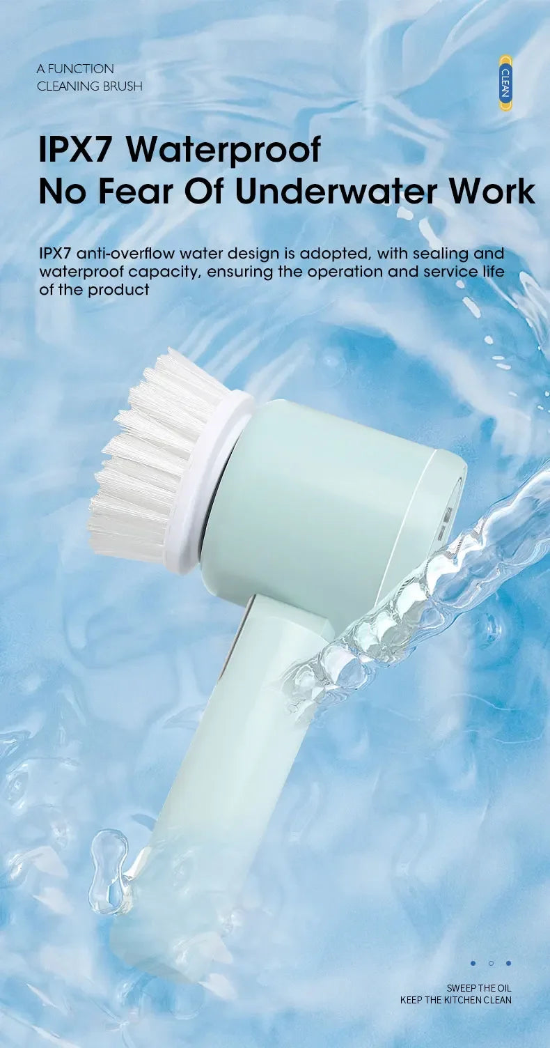 A light green cordless electric spin scrubber with a white brush head is shown cleaning under water.