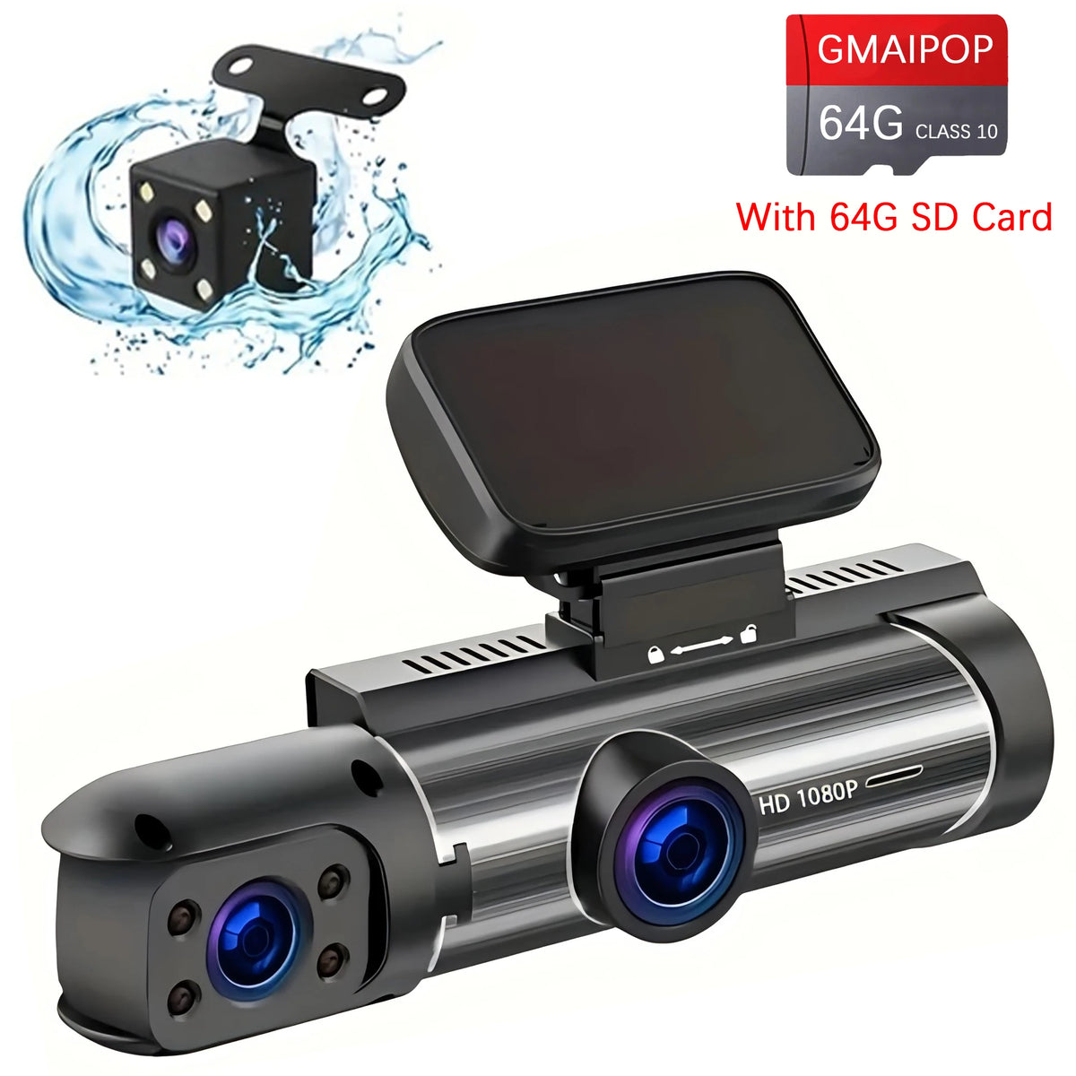 A black dash cam with a front lens and a separate accessory, featuring an HD 1080P recording capability.