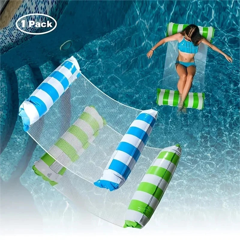 A foldable floating water hammock with striped blue and green floats is shown in clear water.