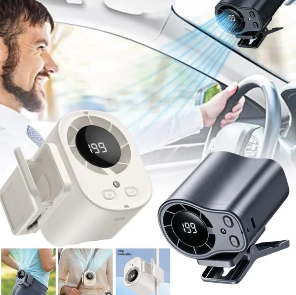 A portable car clip fan with an LED display is shown in various angles, including mounted on a car window and held by a hand.