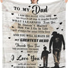 A personalized printed fleece throw blanket featuring text dedicated to a father and son.