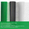 A row of green, black, white, and translucent plastic wire mesh rolls for outdoor fencing and DIY projects.