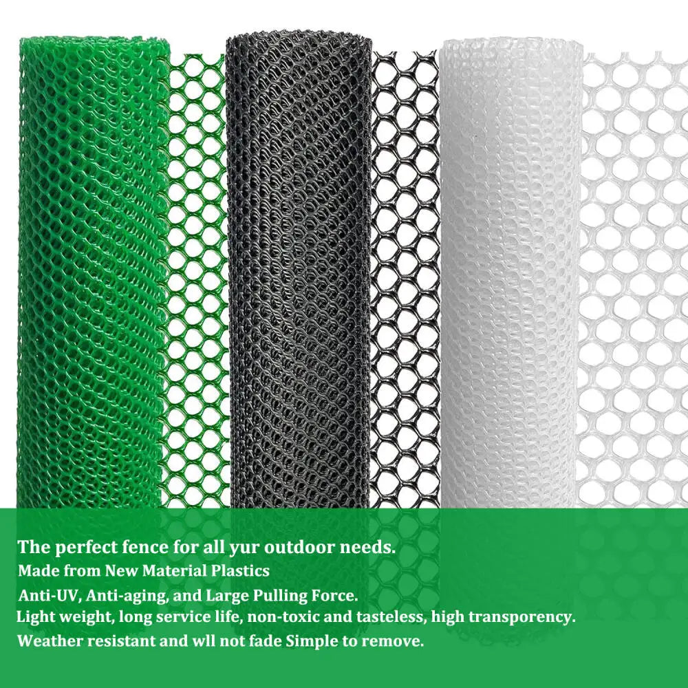 A row of green, black, white, and translucent plastic wire mesh rolls for outdoor fencing and DIY projects.